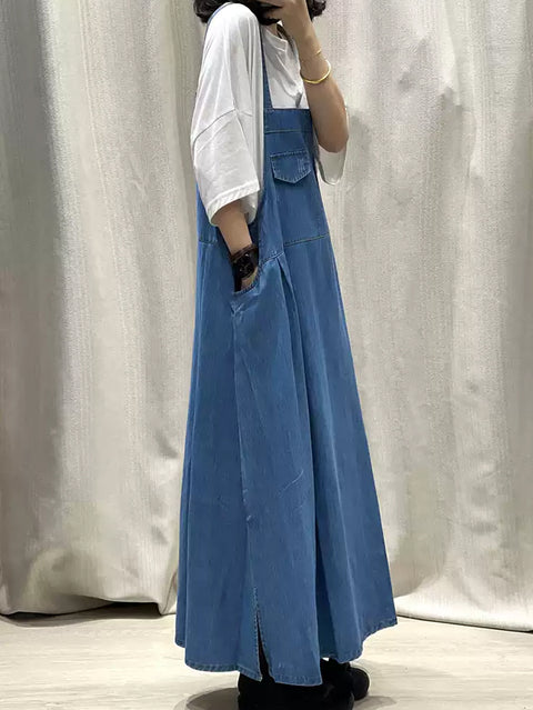 Women Spring Pure Color Denim Maxi Suspender Dress