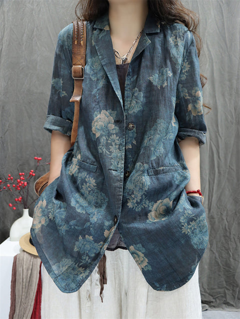 Women Summer Vintage Flower Lapel 100%Ramie Shirt