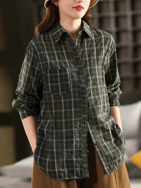 Women Artsy Plaid Turn-down Collar 100%Cotton Shirt