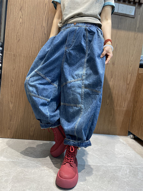 Women Vinage Pure Color Denim Spliced Harem Pants