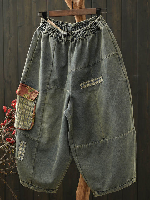 Women Vinage Denim Patch Spliced Harem Pants