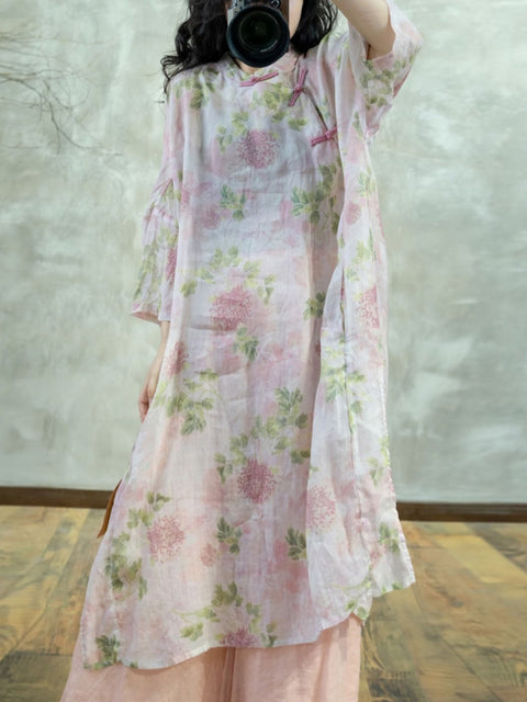 Women Spring Artsy Stand Collar Flower 100%Ramie Dress