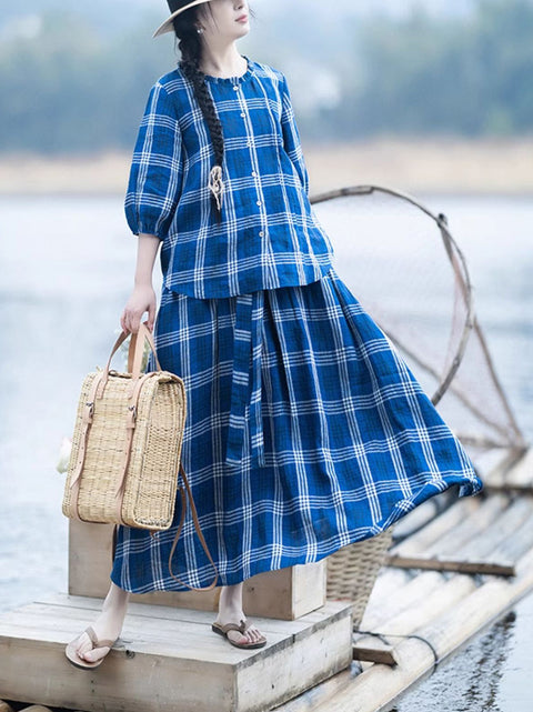 Women Summer Vintage Plaid 100%Linen Loose Suits