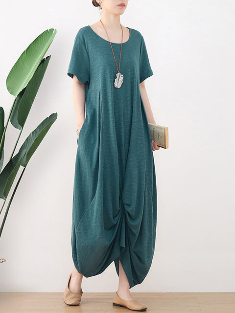 Women Summer Casual Pure Color O-Neck Dress