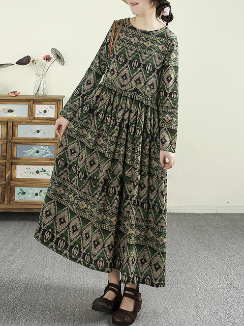 Women Spring Ethnic Print O-Neck Cotton Maxi Dress