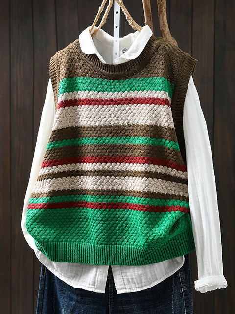 Women Spring Casual Colorblock Stripe O-Neck Knit Vest