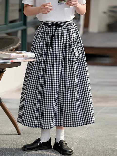 Women Summer Artsy Plaid A-Shape 100%Cotton Skirt