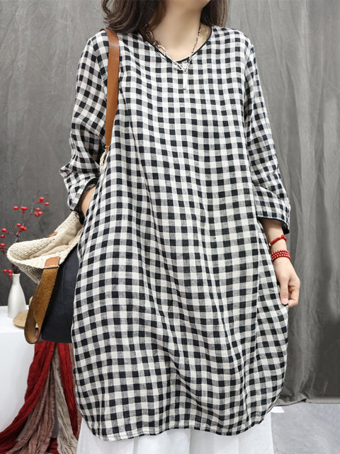 Women Vintage Plaid O-Neck 100%Linen Long Shirt