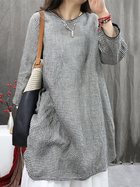 Women Vintage Plaid O-Neck 100%Linen Long Shirt