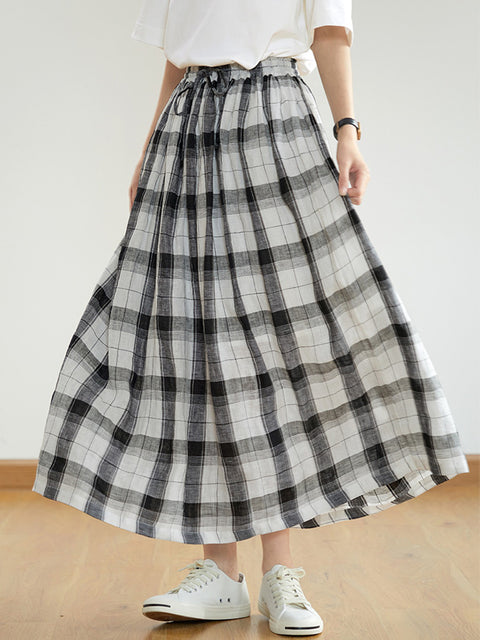 Women Summer Retro Plaid Loose 100%Linen Skirt