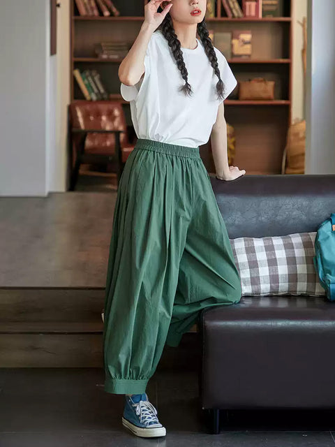 Women Spring Casual Pure Color 100%Cotton Wide-leg Pants