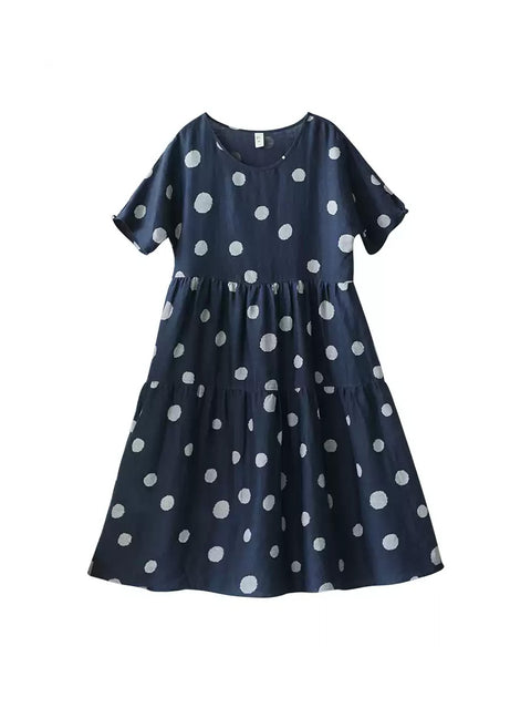 Women Summer Artsy Dot O-neck 100%Linen Dress