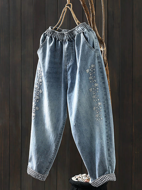 Women Spring Retro Flower Embroidery Denim Harem Pants