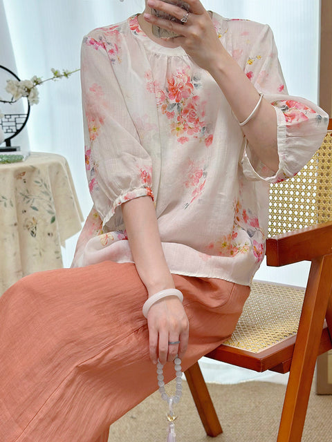 Women Summer Ethnic Flower O-Neck 100%Ramie Shirt