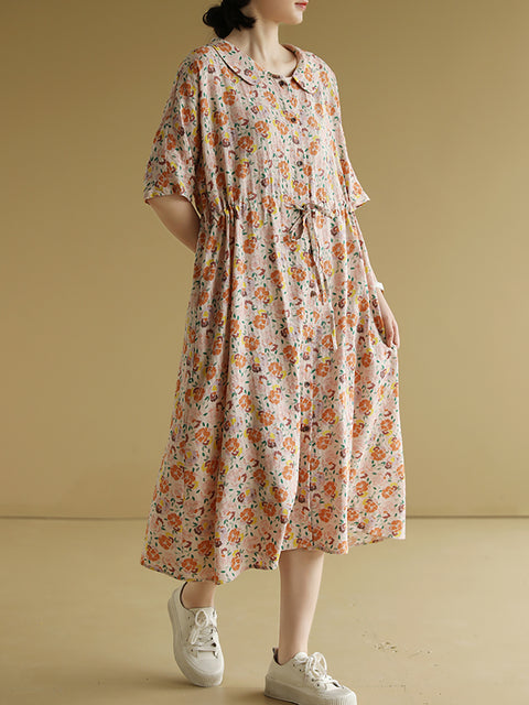 Women Summer Artsy Flower Cotton Loose Dress