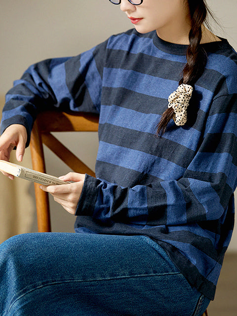 Women Spring Casual Stripe O-Neck Cotton Shirt