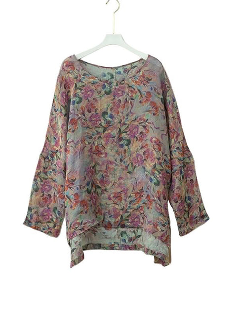 Women Spring Artsy O-Neck Flower Ramie Shirt