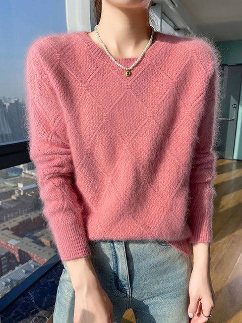 Women Autumn O-Neck Solid Rhomboids Wool Warm Knit Sweater