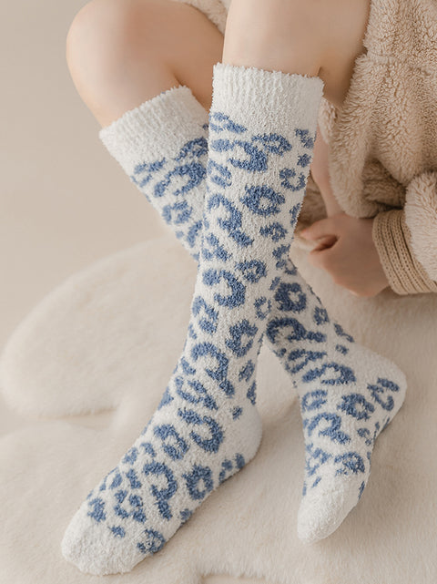 5 Pairs Women Winter Leopard Print Fleece Socks