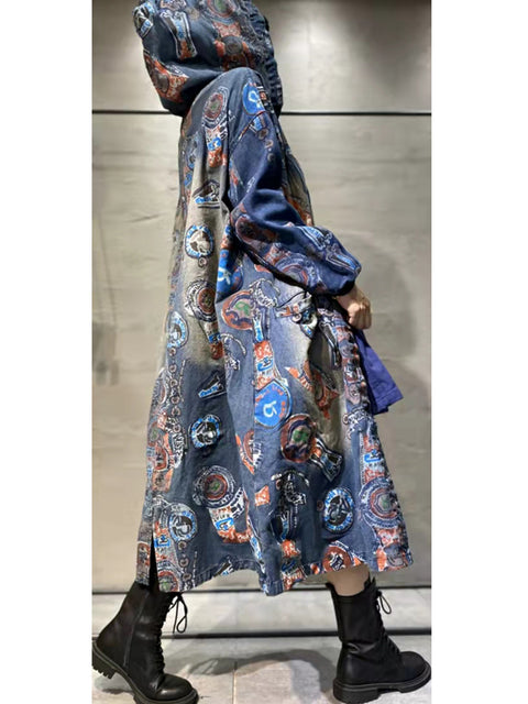 Women Autumn Vintage Flower Hooded Denim Long Coat