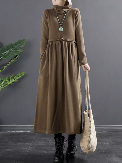 Plus Size Women Pure Color Turtleneck Draped Long Dress