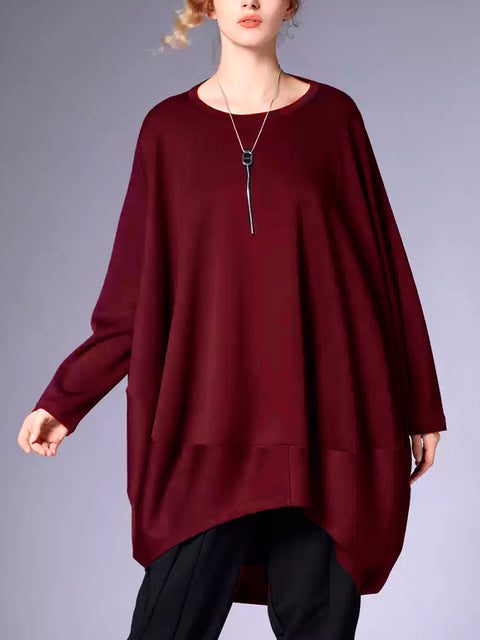 Plus Size Women Winter Casual Solid Long Sleeve O-Neck Dress