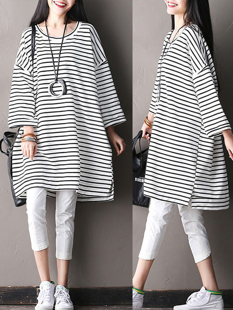 Plus Size Women Loose Striped Cotton Irregular T-shirt