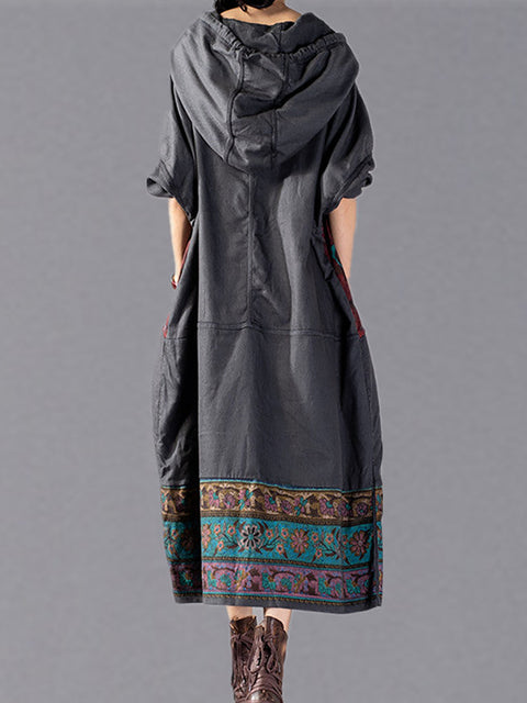 Women Ethnic Flower Spliced Long Pocket Hooded Dress