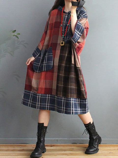 Plus Size Retro Plaid Big Pocket Hooded Dress