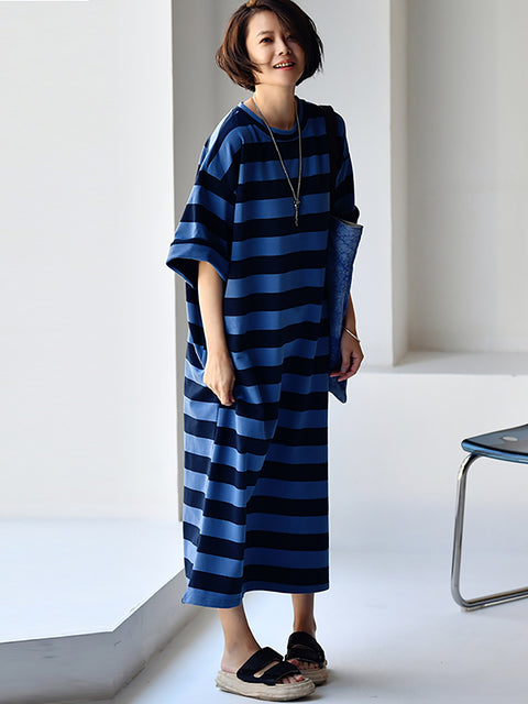 Plus Size Women Casual Stripe Loose Maxi Dress