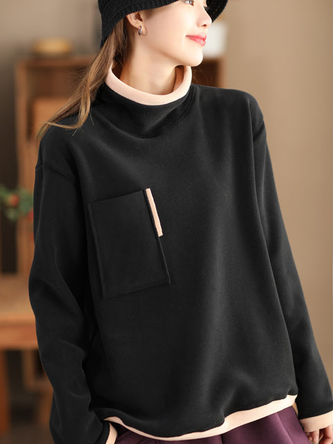 Women Casual Winter Spliced Turtleneck Fleece Sweatshirt