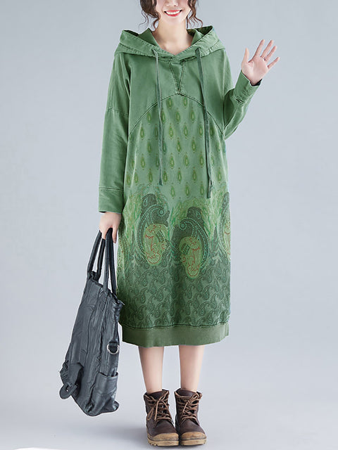 Women Ethnic Autumn Print Hooded Dress