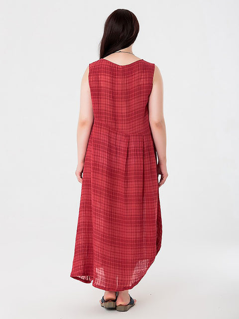 Plus Size Women Summer Plaid Cotton Linen Vest Dress