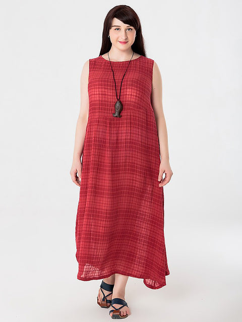 Plus Size Women Summer Plaid Cotton Linen Vest Dress