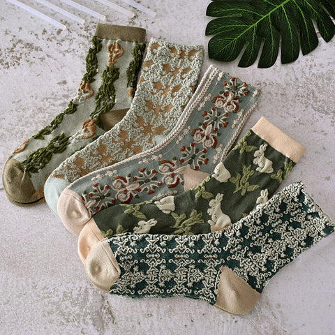 5 Pairs Women Spring Vintage Plant Jacquard Socks