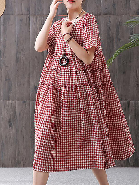 Plus Size 100%Cotton Short Sleeve Plaid Dress