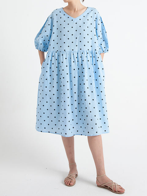 Plus Size Dot V Neck Summer Pleated Short Sleeve Dress