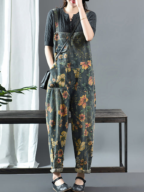 Plus Size - Flower Print Casual Denim Cotton Jumpsuit Dungarees