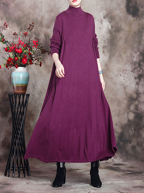 Plus Size Women Pure Color Knitted High Neckline Dress