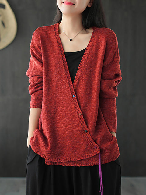 Plus Size - Women Knitted Retro Pure Color V-neck Sweater Coat