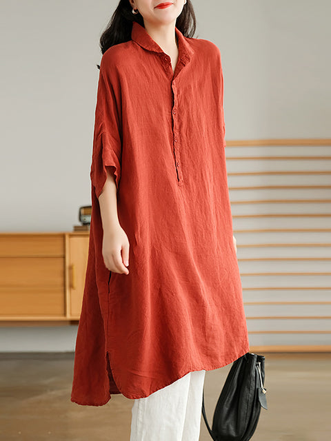 Plus Size Linen Women Casual Pure Color Split Shirt