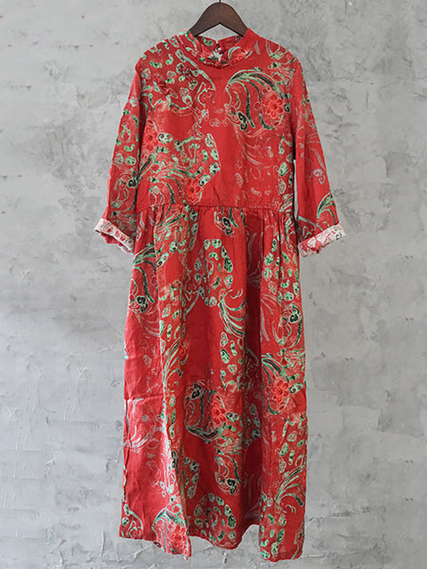 Plus Size Women Linen Vintage Printed Floral Dress