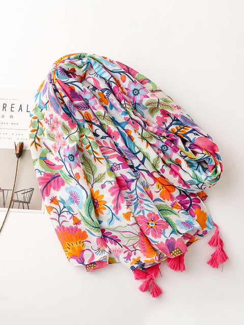 Polyester Tassel Floral Women Vintage Sunscreen Scarf