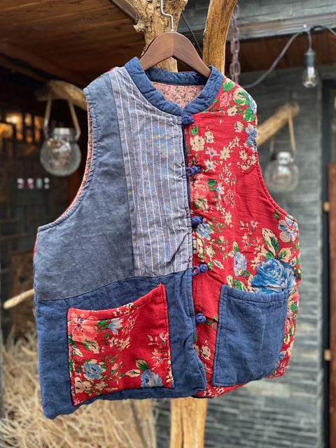 Ženski vintage patchwork čisti prsluk bez rukava od čistog lana