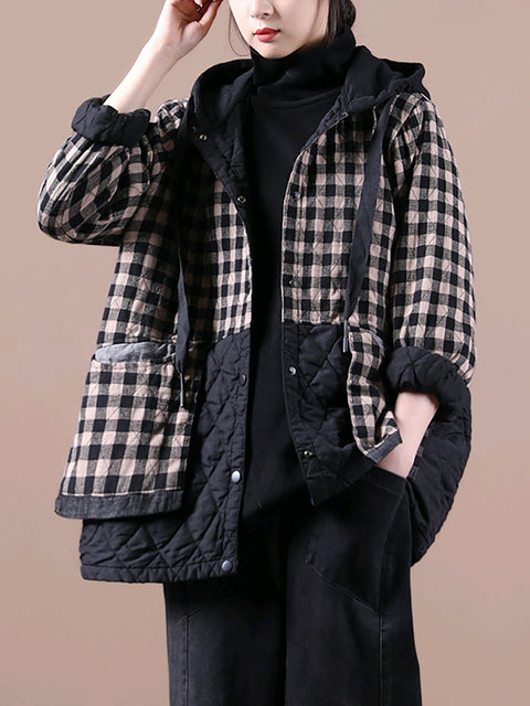 Plus Size Women Korean Style Plaid Hooded Colorblock Padded Coat