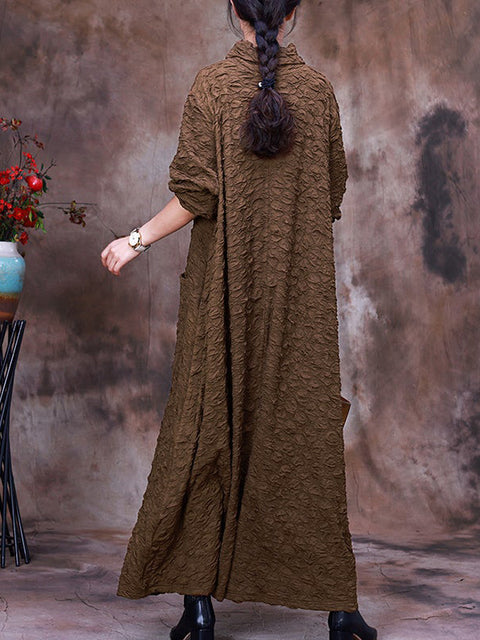 Plus Size Pocket Pleated Long Sleeve Women Maxi Dress