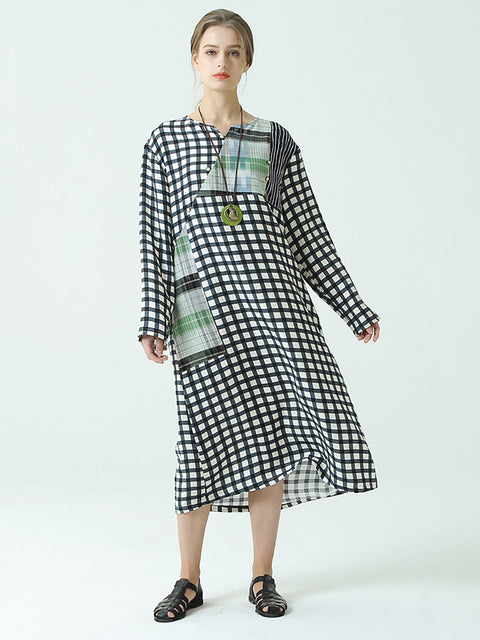 Plus Size Plaid Long Sleeve Loose Spring Casual Dress