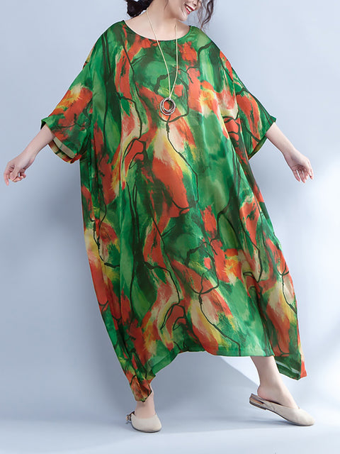 Plus Size - Women Summer Loose Three Quarter Sleeve Printed Dress